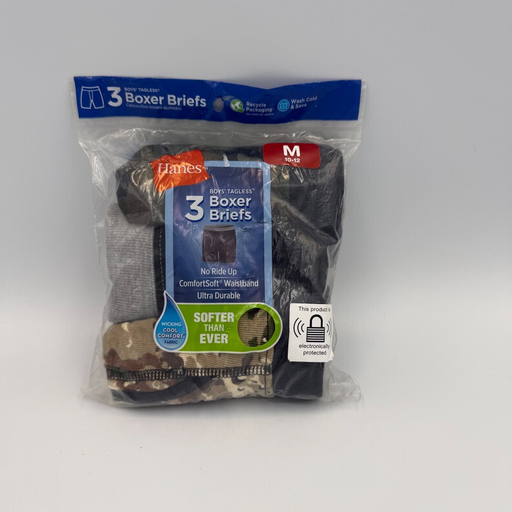 Hanes Boys 3 Pack Tagless Boxer Briefs Camo Gray Black Size M 10-12 B755P3